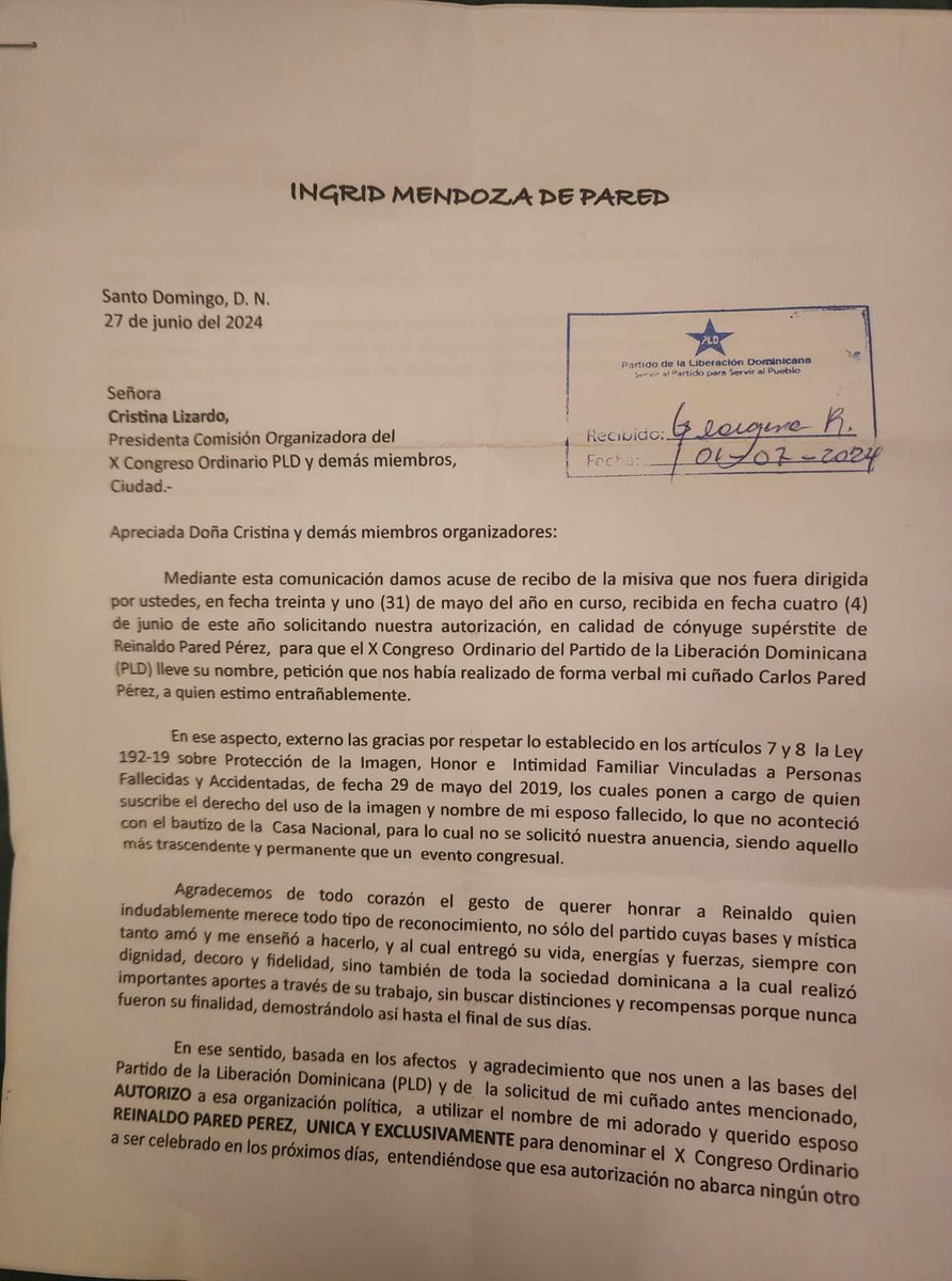 SusanaGautreau's tweet photo. Comparto comunicación de @ingridmendozap que constituye autorizacion para la utilización del nombre d #ReinaldoPared para designar congreso del @PLDComunica conforme L192-19 sobre Protección de la Imagen, Honor e Intimidad Familiar
Vinculados a Personas Fallecidas y Accidentadas https://t.co/N5Jdci72Gy