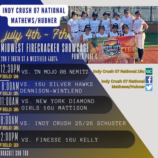 Here is my schedule for the 4th of July weekend tournament at the Midwest Firecracker Showcase in Westfield, In at Grand park. I am so excited, I hope you can make it out!