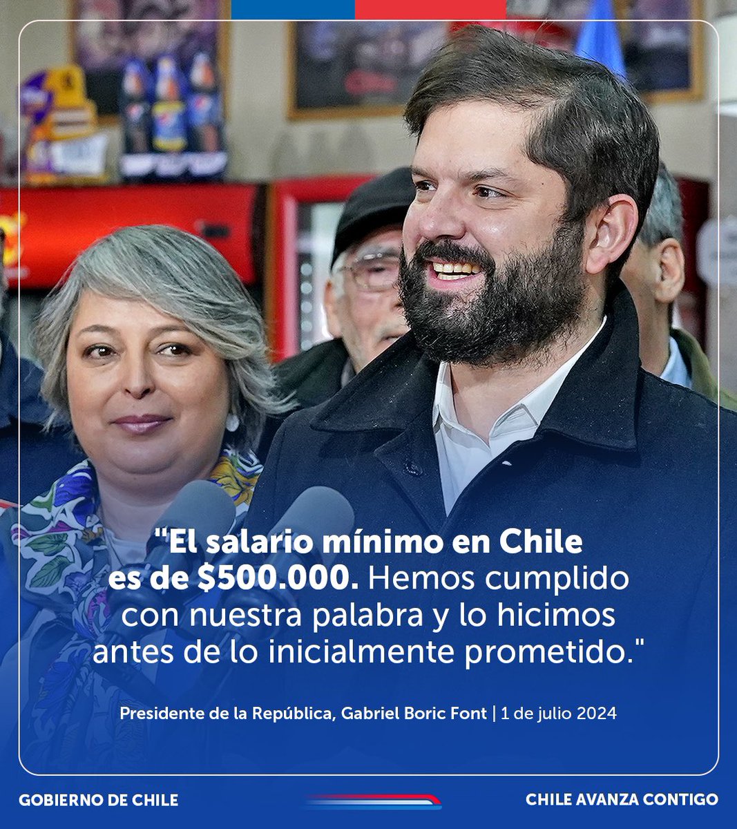 Presidencia de Chile (@presidencia_cl) on Twitter photo El 1 de julio el #SueldoMínimo alcanzó los $500.000, un compromiso cumplido por el Gobierno del Presidente <a href="/GabrielBoric/">Gabriel Boric Font</a>, que beneficia a más de 800 mil trabajadores y trabajadores 🇨🇱 El 1 de julio el #SueldoMínimo alcanzó los $500.000, un compromiso cumplido por el Gobierno del Presidente <a href="/GabrielBoric/">Gabriel Boric Font</a>, que beneficia a más de 800 mil trabajadores y trabajadores 🇨🇱