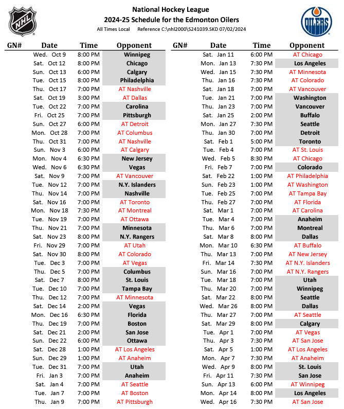 zjlaing's tweet photo. here's the edmonton oilers schedule for the 2024-25 season. they kick the season off with a four-game home stand, hosting winnipeg, chicago, calgary and philadelphia. nine of 82 games are in the afternoon. https://t.co/bKo0Fvu7By
