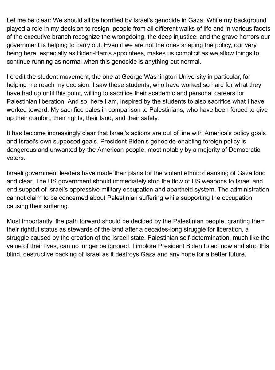 Today, I resigned from the Biden administration, and this is my statement.