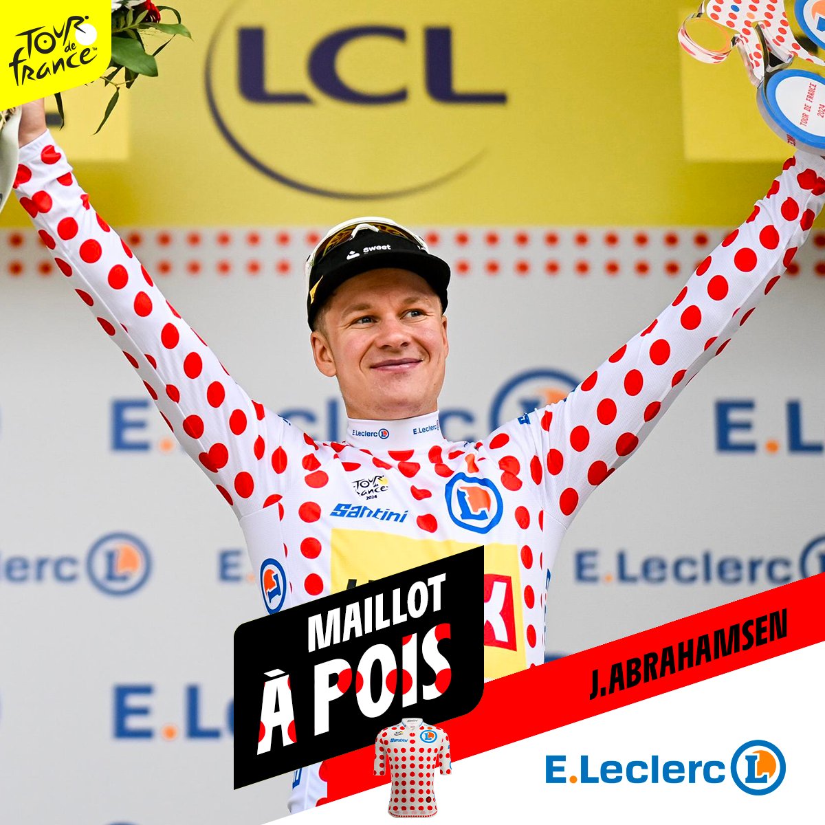 ⚪️🔴 Malgré un grand nombre de points disponibles aujourd’hui, 🇳🇴<a href="/AbraJonas/">Jonas Abrahamsen</a> conserve le maillot à pois de meilleur grimpeur ! 💐⛰

#TDF2024