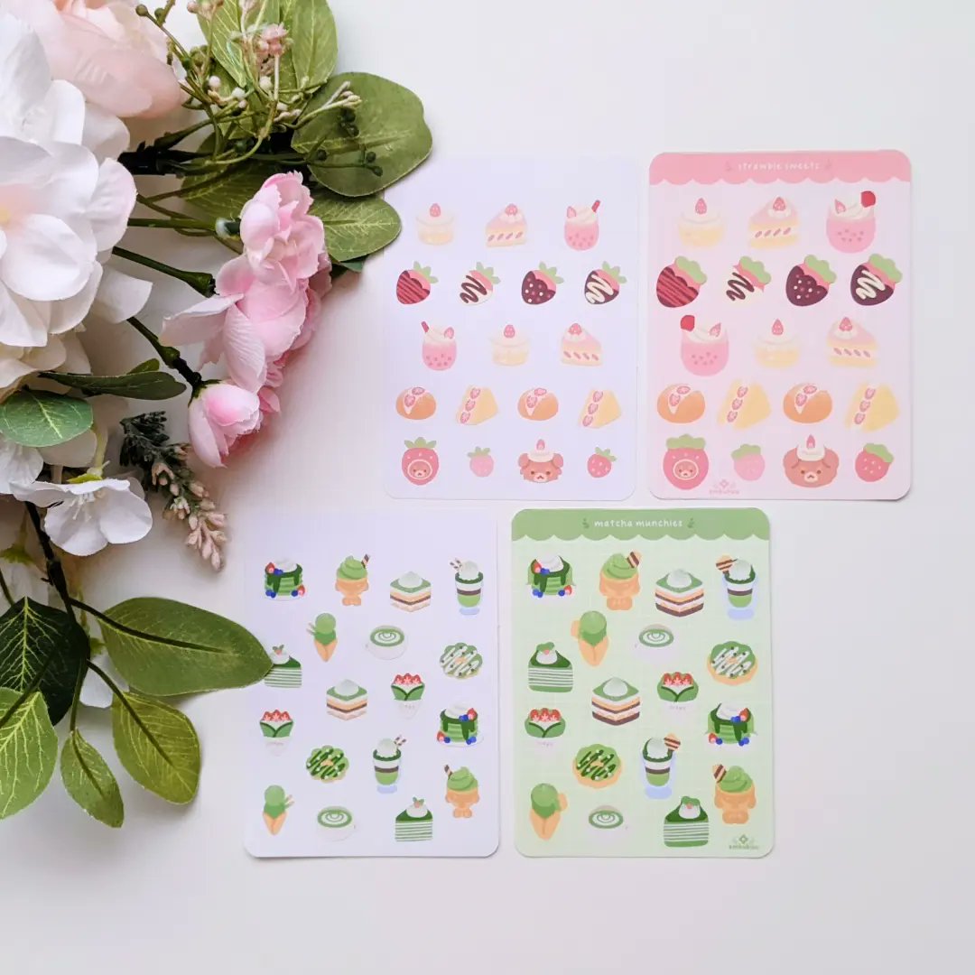 embubuu's tweet photo. Good morning ✨ I think I'm finally done with the prototype and testing for sticker sheets! I have a strawberry and a matcha theme for my first two designs~ 🍓🌱 I want to add these to the buutique soon. ☺️ https://t.co/vdFejG08GK