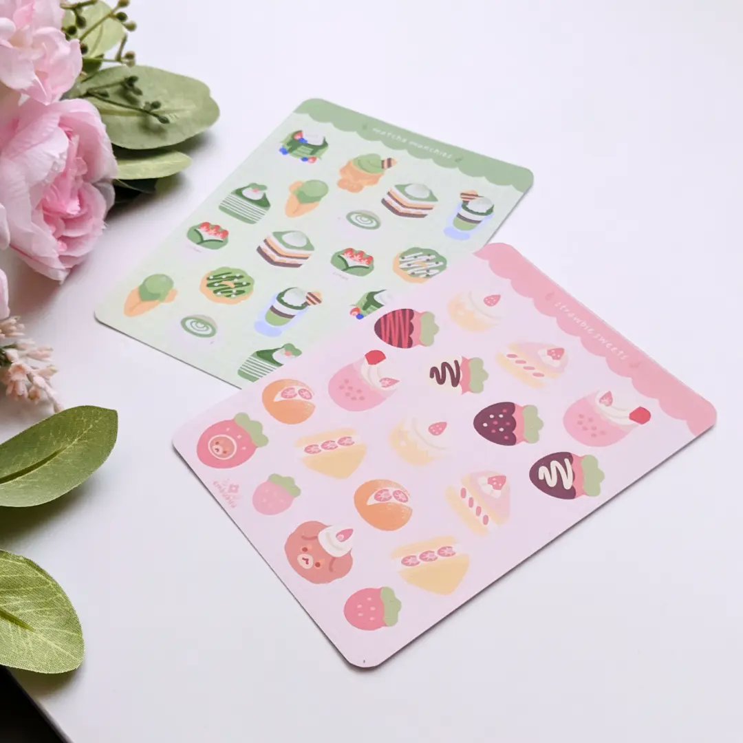 embubuu's tweet photo. Good morning ✨ I think I'm finally done with the prototype and testing for sticker sheets! I have a strawberry and a matcha theme for my first two designs~ 🍓🌱 I want to add these to the buutique soon. ☺️ https://t.co/vdFejG08GK