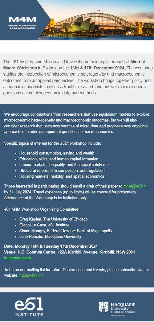 Simon Mongey (@simon_mongey) on Twitter photo 🚨Submit your work to our exciting new e61 Institute Micro 4 Macro Workshop co-organized with <a href="/GregWKaplan/">Greg Kaplan</a>, Gianni La Cava and John Romalis in Sydney, December 16-17. Deadline: July 31 🚨 🚨Submit your work to our exciting new e61 Institute Micro 4 Macro Workshop co-organized with <a href="/GregWKaplan/">Greg Kaplan</a>, Gianni La Cava and John Romalis in Sydney, December 16-17. Deadline: July 31 🚨