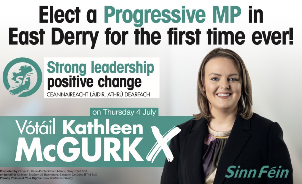 In this election you can elect a Progressive MP in East Derry for the first time ever.

With the support of progressive voters, I can win in East Derry.

Every vote will count.

On July 4th make history in East Derry.

Vote Kathleen McGurk X