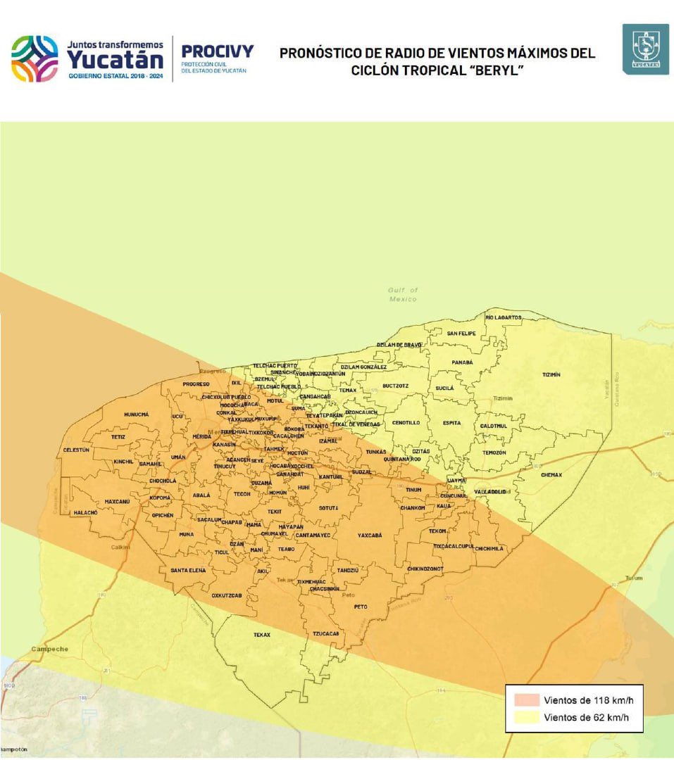 Les informo que el Huracán Beryl categoría 5 se localiza a 2,064 km al sureste de #Yucatán, siguiendo su trayectoria hacia el oeste-noreste con vientos de 260 km/h y rachas de 325 km/h. Los efectos se resentirán en nuestro estado a partir de la tarde del jueves 4 de julio,
