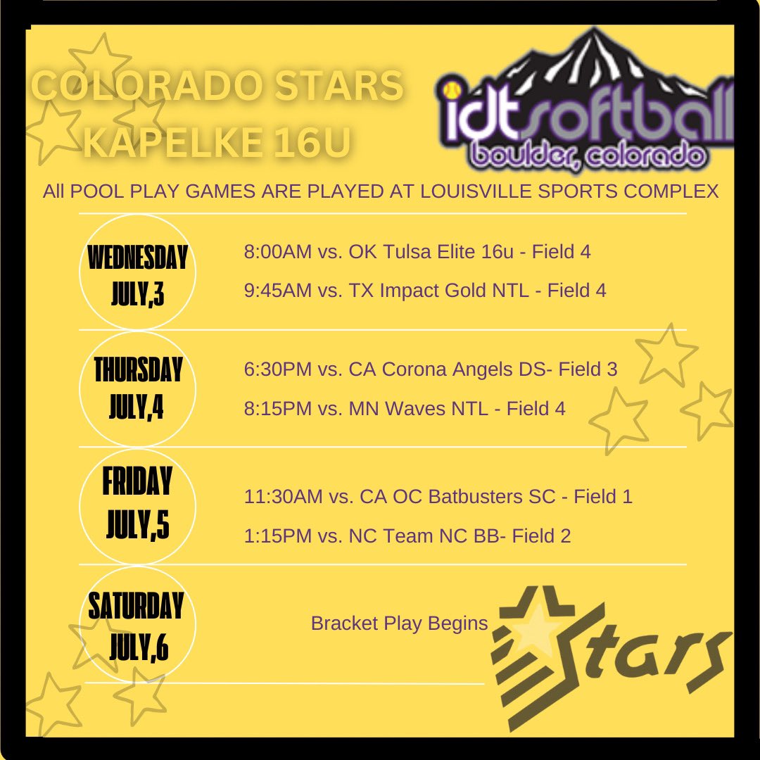 We will be playing in the IDT this week! It’ll be nice to stay in town. Hope you can come watch my team in Louisville. Go Stars! ⭐️ <a href="/BoulderIDT/">Boulder IDT</a> <a href="/CoastalSoftball/">Coastal Carolina SB</a> <a href="/RoadrunnerSB/">MSU Denver Softball</a> <a href="/CStarsKapelke/">18u Colorado Stars National - Kapelke</a> <a href="/CSUSoftball/">Colorado State Softball</a> <a href="/LBSUSoftball/">LBSU Softball</a> <a href="/OspreySB/">UNF Softball</a>
