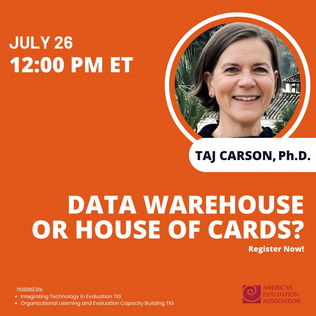 Two <a href="/aeaweb/">Evaluation Headlines</a> TIG hosts, one session! Register Now for "Data Warehouse or House of Cards?", led by Taj Carson and hosted by TIGs Organizational Learning and Evaluation Capacity Building &amp; Integrating Technology in Evaluation. 🔗 : bit.ly/3LeQN3L