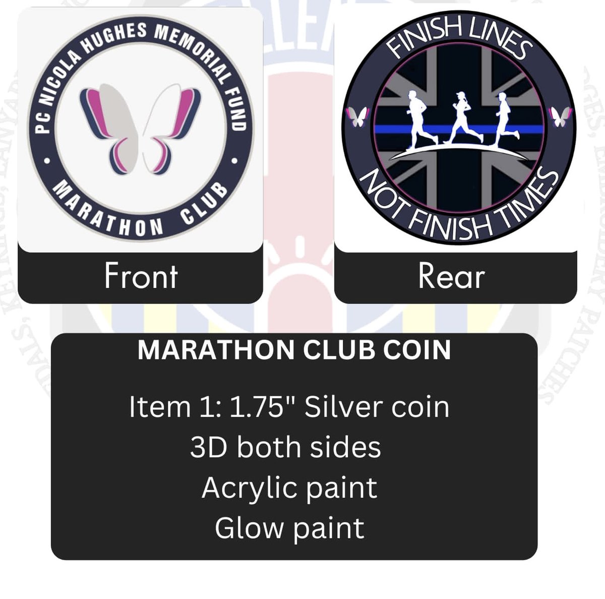 Marathon Club Challenge Coins:
Price between £7 and £5 depending on how many orders we get. Orders via email and put 'Challenge Coins' as the subject.
info@pcnicolasfund.co.uk