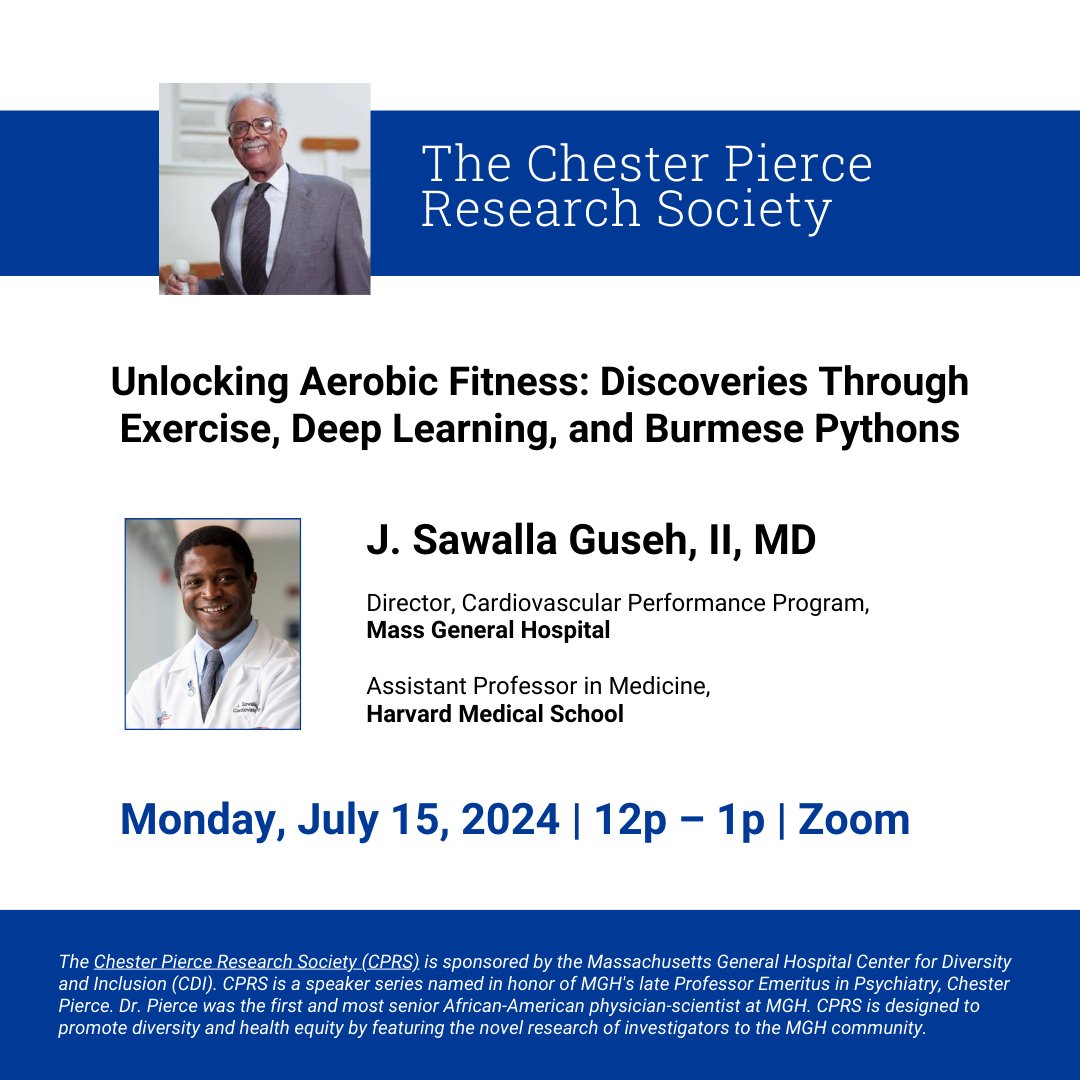 MGH CDI (@mghcdi) on Twitter photo Join us for the next Chester Pierce Research Society series on July 15, 2024, 12–1 pm, with Dr. J. Sawalla Guseh, II, Director of the Cardiovascular Performance Program at <a href="/MassGeneralNews/">MassGeneral News</a> and Assistant Professor at <a href="/harvardmed/">Harvard Medical School</a>.
Link in bio for more info and to RSVP. Join us for the next Chester Pierce Research Society series on July 15, 2024, 12–1 pm, with Dr. J. Sawalla Guseh, II, Director of the Cardiovascular Performance Program at <a href="/MassGeneralNews/">MassGeneral News</a> and Assistant Professor at <a href="/harvardmed/">Harvard Medical School</a>.
Link in bio for more info and to RSVP.