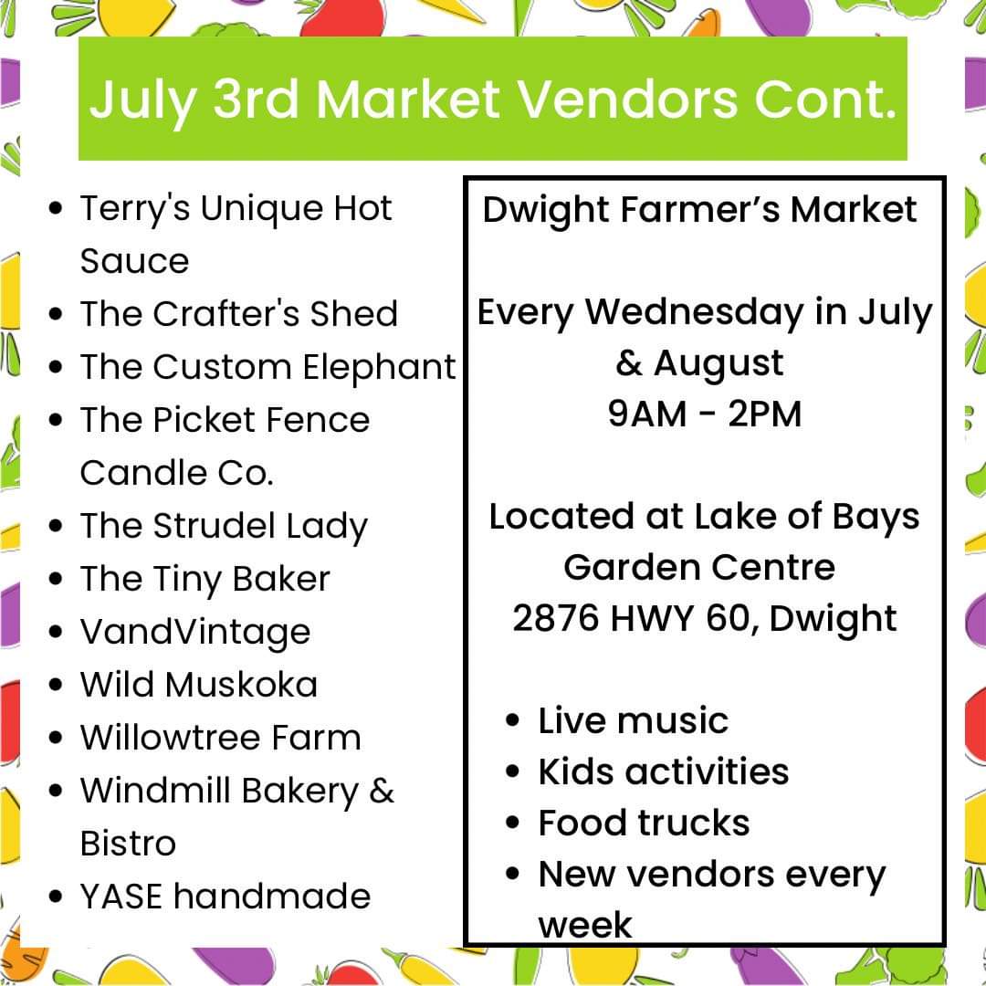 Dwight vendor line up for our first market of the season, tomorrow, July 3rd! 
We’re back with more vendors than ever before, live music, food trucks, and kids games.
Open from 9-2, come say hello and enjoy opening day🎉