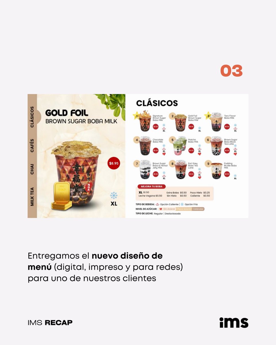 ImpulsoMS's tweet photo. En nuestro #ImpulsoRecap💡, te mostramos lo que impulsamos durante el mes🚀:

Nuevos clientes🥳
Diseño de menú🧋💫
🎥Producción de comercial🎬
Campañas en Meta y Google Ads📊
Moodboards⭐
Estrategia de contenido para @bootcampvvpty 2024👏
Creación de contenido y pitch💡 https://t.co/4Tl5qoHpEi