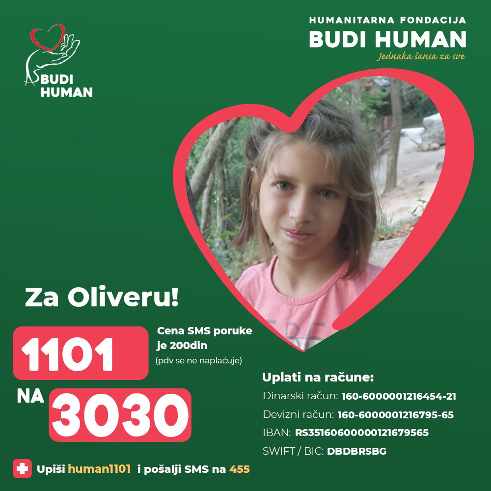 budihuman's tweet photo. Pomozimo Oliveri!

Upišimo 1101 i pošaljimo SMS na 3030

https://t.co/sWcknKAa1E

#budihuman #jednakašansazasve https://t.co/4hrY2Tgdkd