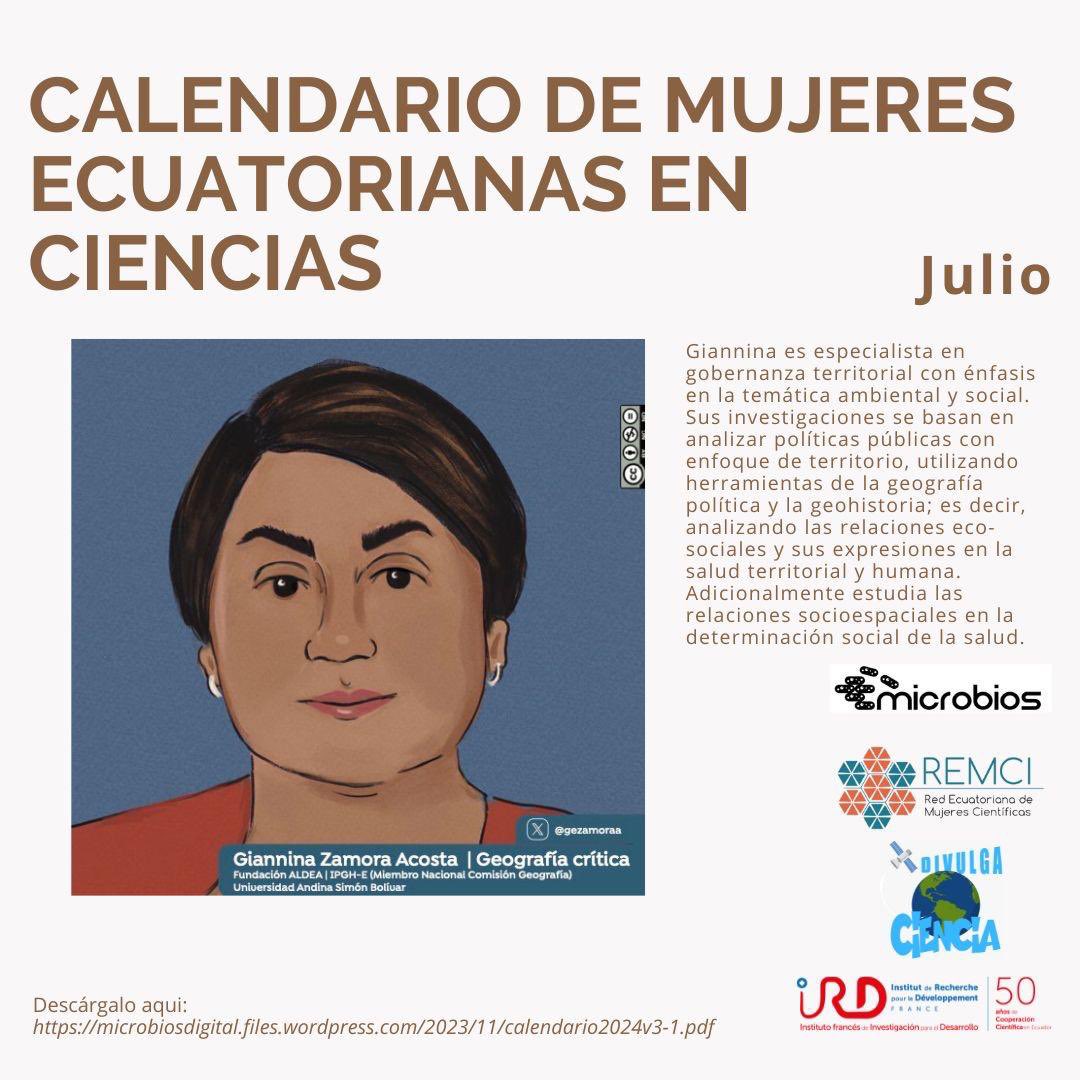 Empezamos #julio2024 en compañía de Giannina, Zamora Acosta <a href="/gezamoraa/">Giannina Zamora A.</a> , de la <a href="/uasbecuador/">Universidad Andina</a> . Gianina nos recuerda la importancia de la gobernanza territorial. Si no tienes todavía el calendario #Cientificas2024 no te olvides de descargarlo en la página de @microbiosdigital