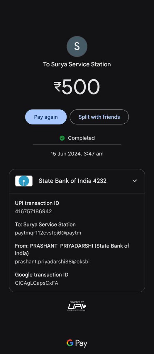 pprashant_priya's tweet photo. Dear @Olacabs, 

I overpaid Rs 428 due to a double UPI transaction during ride CRN8408539998 on 15th June. The driver also asked me to pay Rs 500 at a petrol station. Please refund Rs 428 and take action against the driver. 

Thank you, 
Prashant Priyadarshi https://t.co/od2pVUrhKw