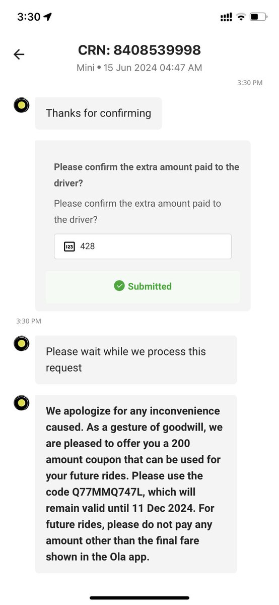 pprashant_priya's tweet photo. Dear @Olacabs, 

I overpaid Rs 428 due to a double UPI transaction during ride CRN8408539998 on 15th June. The driver also asked me to pay Rs 500 at a petrol station. Please refund Rs 428 and take action against the driver. 

Thank you, 
Prashant Priyadarshi https://t.co/od2pVUrhKw