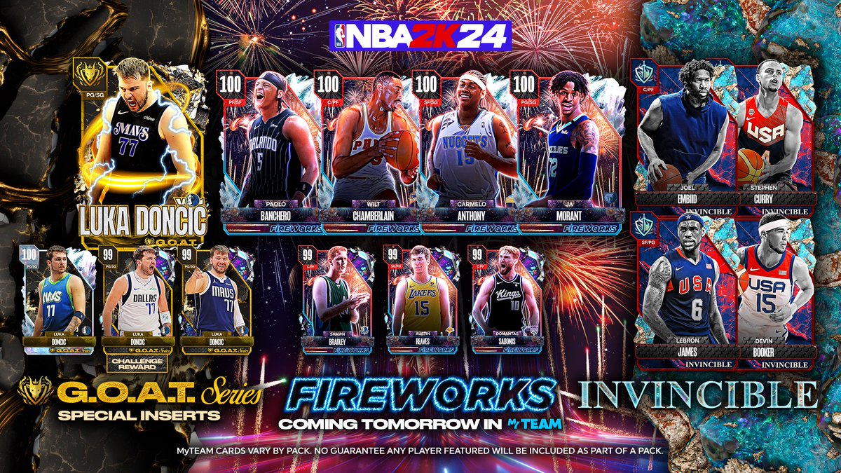 Get ready for some Fireworks in MyTEAM with more Invincible Team USA cards coming tomorrow! 🎇  

Learn more in the MyTEAM Playbook: nba.2k.com/2k24/myteam/se… 

Look for these players ➕ more! 
🇺🇸 Invincible Stephen Curry
🇺🇸 Invincible LeBron James
🇺🇸 Invincible Joel Embiid
🇺🇸