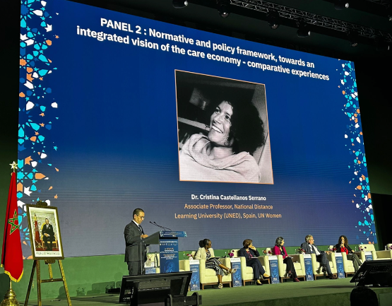 PolecoUned's tweet photo. La profesora de la UNED Cristina Castellanos Serrano ha expuesto los resultados de la evaluación sobre el permiso por nacimiento y cuidado del menor en la 1ª Conferencia Internacional sobre la  Economía del Cuidado y la Protección Social en Marruecos.

https://t.co/F3BHnV2FN5 https://t.co/0WTegRGbyN