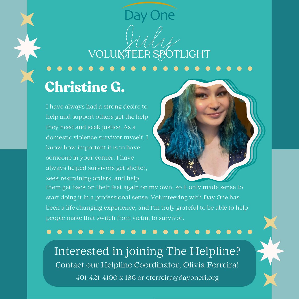 Each month, we will be shining the spotlight on one or our amazing Volunteer Helpline Adovocates. We could not do the work we do without each and every one of them.

Our July volunteer spotlight goes to Christine! Thank you for your commitment to survivors in RI!
