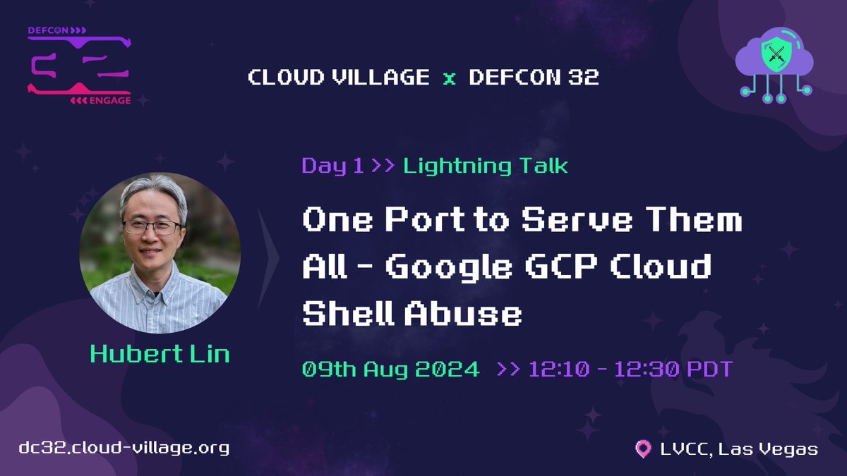 Excited for <a href="/defcon/">DEF CON</a> 32? 
Don’t miss Hubert Lin's lightning talk on security risks in GCP Cloud Shell! Learn how an unexpected, public-facing port can be exploited to bypass Google authentication and more. 

#DEFCON32 #CloudVillage #CyberSecurity #GCP #dc32