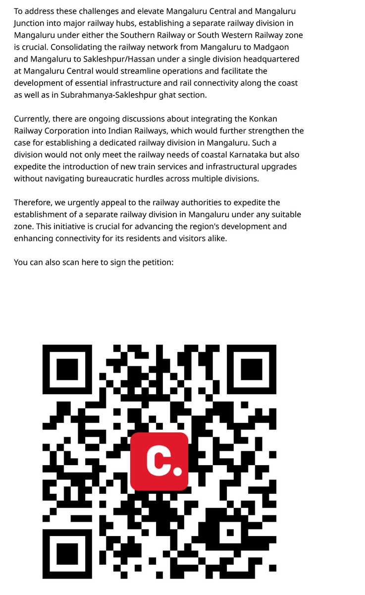 dkdistrictrail's tweet photo. 🚆 Announcing our new campaign: Creating a separate railway division in Mangaluru for better connectivity and operations!
We need your support. Please sign and support us! 📝 Scan the QR code to sign the petition now! https://t.co/uM4U3bTMa6