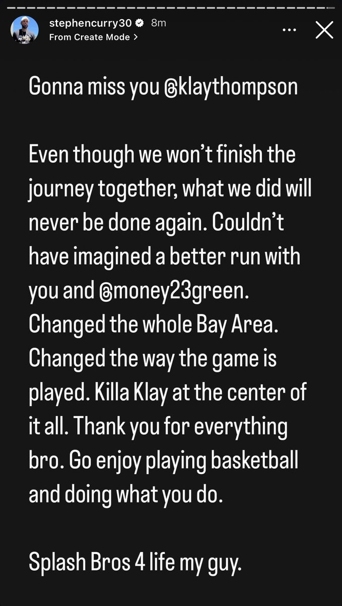 Steph Curry pays homage to Klay Thompson via his IG story 🥹🥹🥹

“thank you for everything bro. go enjoy playing basketball and doing what you do”