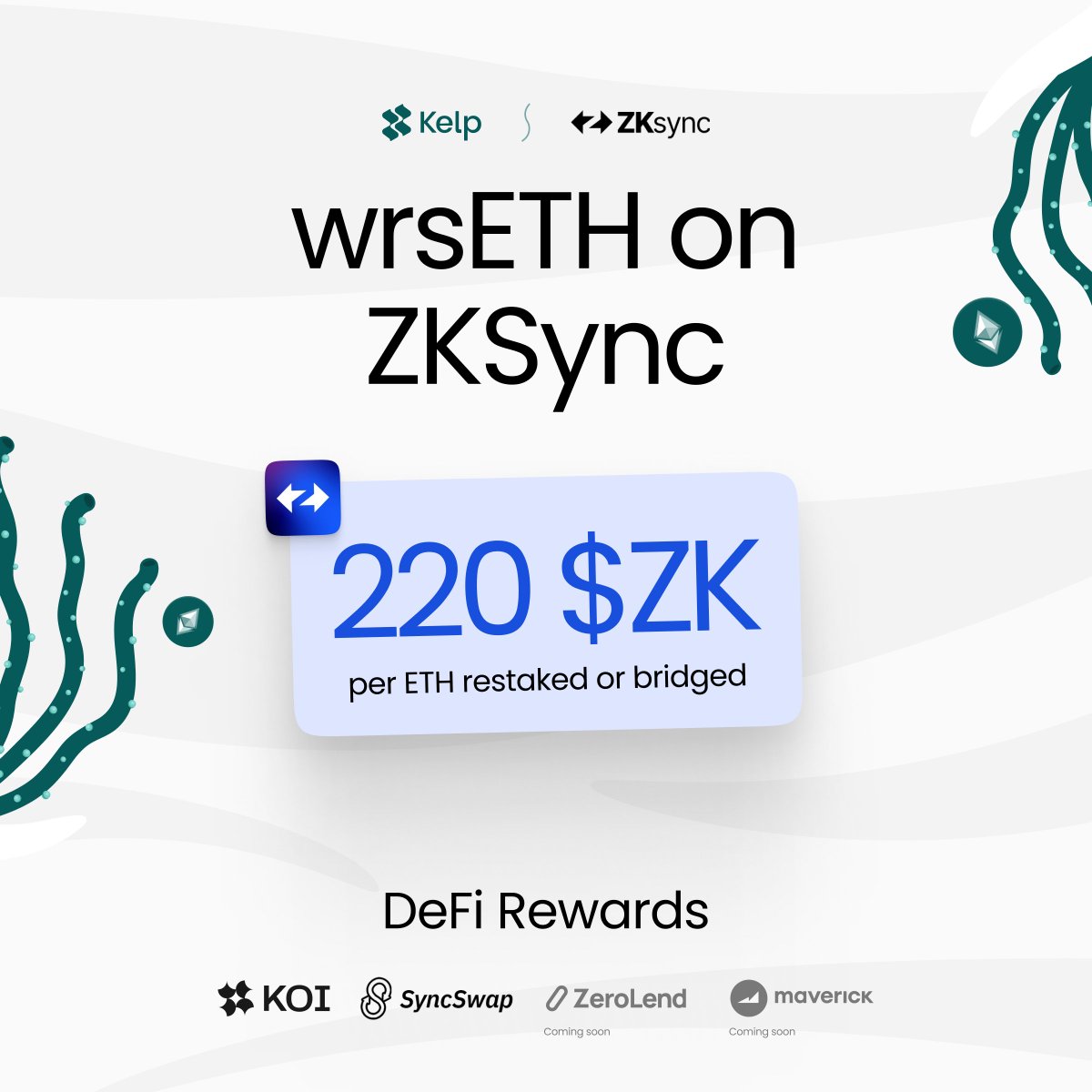 KelpDAO's tweet photo. As the first LRT on @zkSync, we're all in on making restaking even more rewarding with $wrsETH.

⍛ 5.6 million+ $ZK allocated for Kelp restakers
⍛ 220 $ZK per $ETH restaked or bridged
⍛ DeFi rewards with @koi_finance &amp; @syncswap
⍛ @zerolend_io &amp; @mavprotocol coming up

👇 https://t.co/54R8KTd5Px