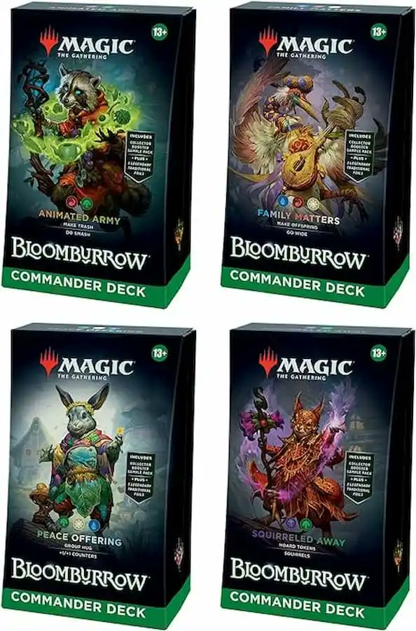Bloomburrow is one month away.  So your EDHREC Precon Guru is doing a giveaway of the precons! To win, you must:

-follow me
-like and retweet this post
-live in the U.S.

Four people will be randomly chosen to win one deck each.

Winners selected on July 9th. Good luck!