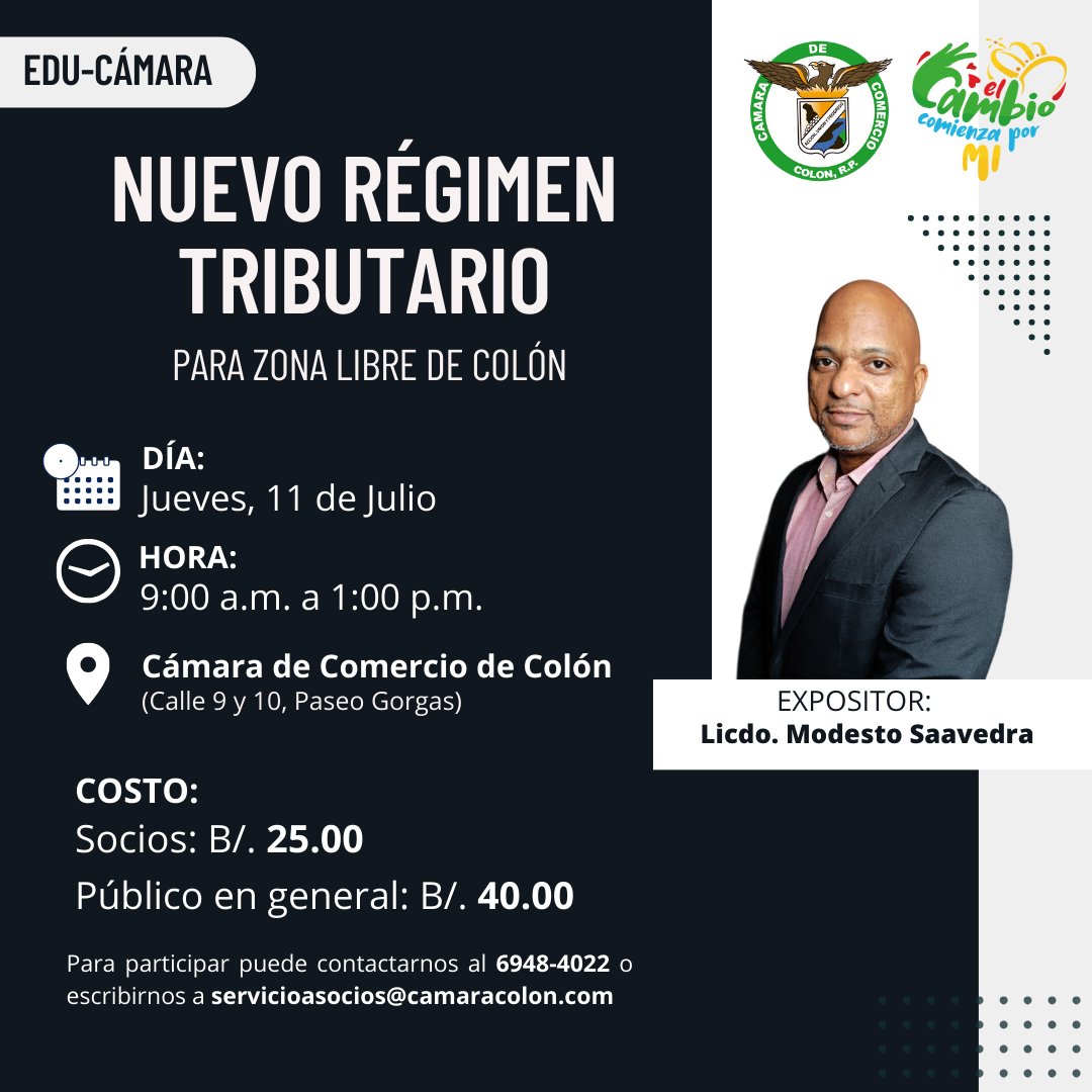 La Cámara de Comercio, Agricultura e Industrias de Colón y nuestro programa de capacitación EDU-CÁMARA, le Invita a participar del "Curso Nuevo Régimen Tributario para la Zona Libre de Colón".