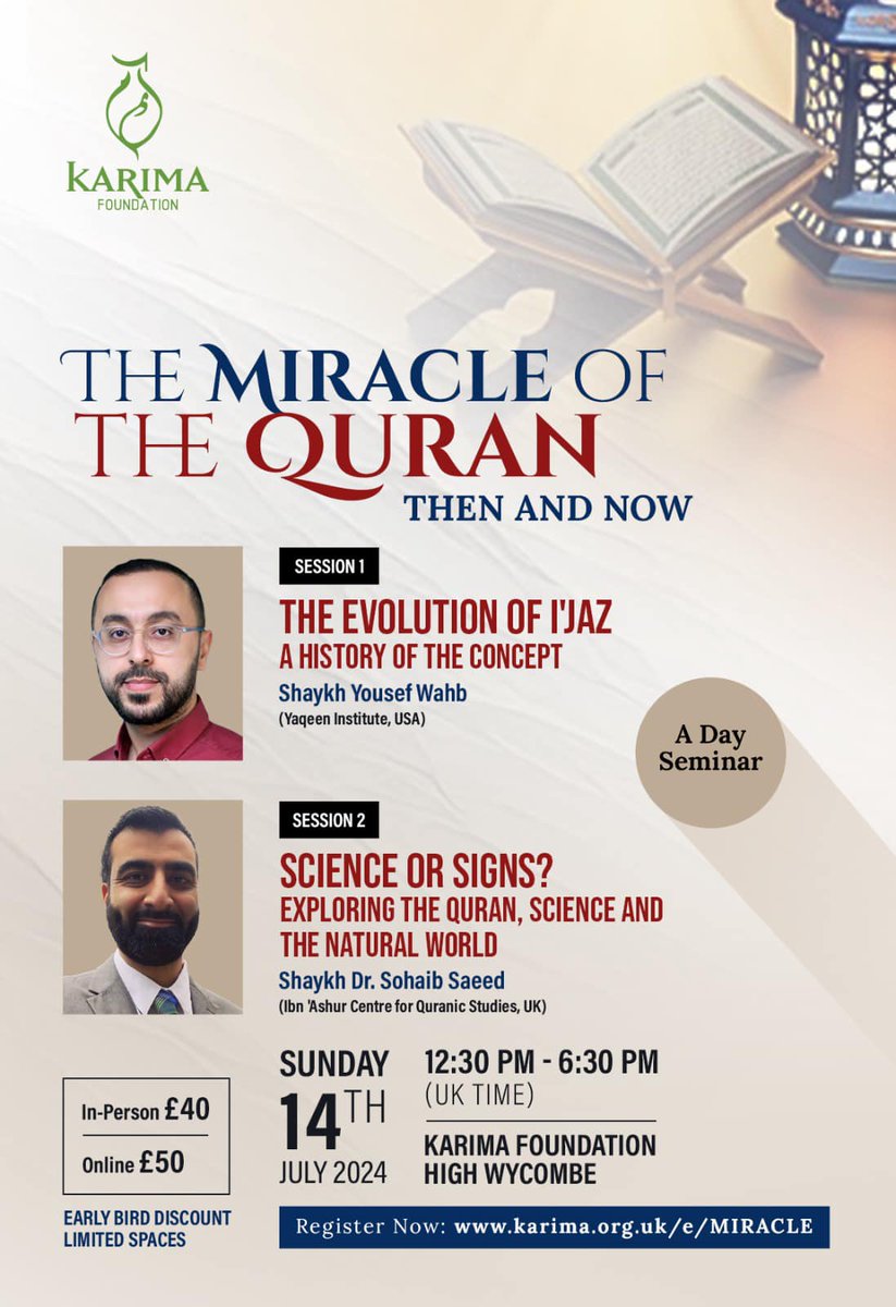 Looking forward to my visit to the UK this month and the event on iʿjāz al-Qurʾān at The <a href="/Karima_Wycombe/">Karima Foundation</a>  alongside <a href="/tafsirdoctor/">Sohaib Saeed د. صهيب</a>.