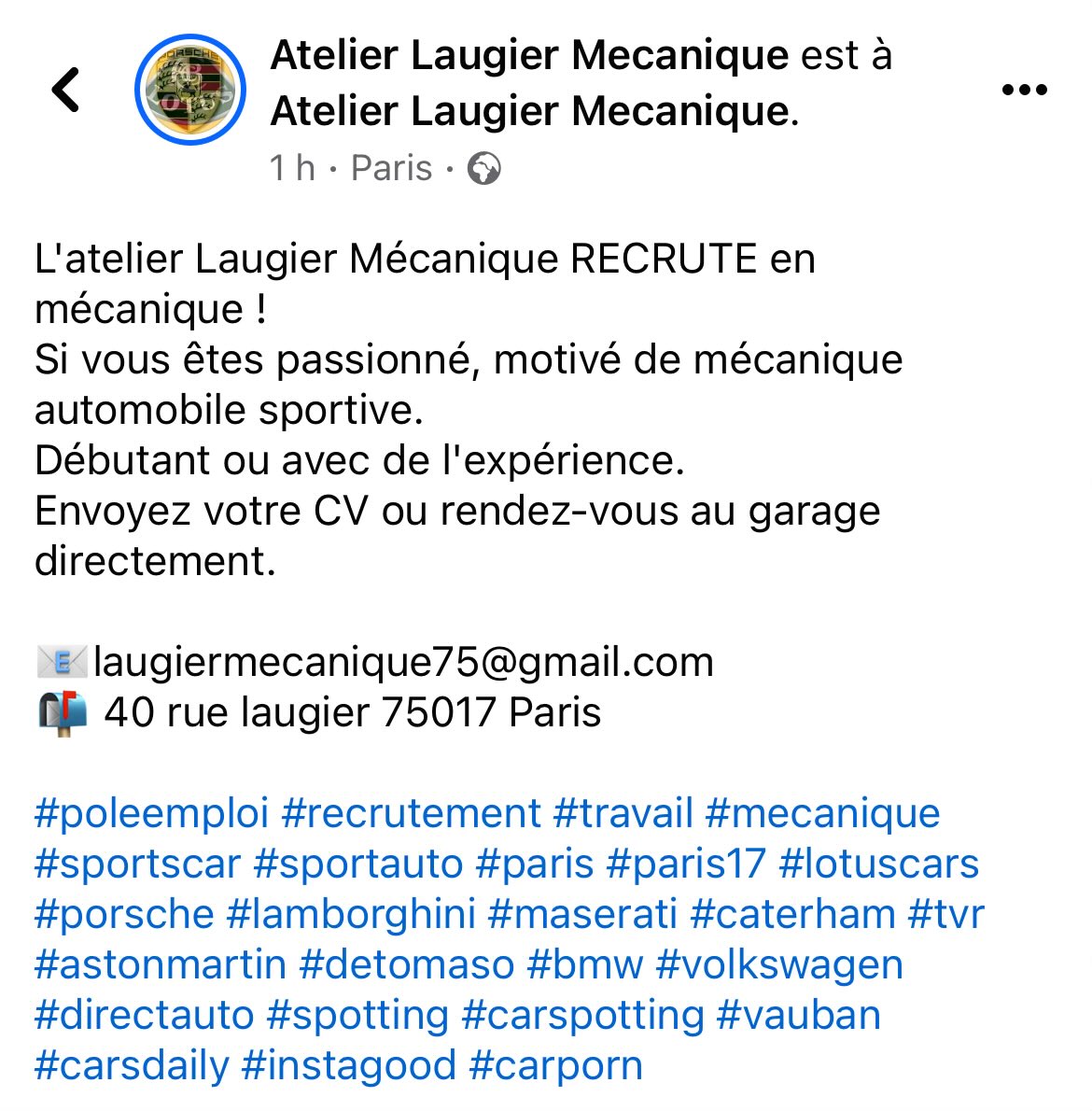 Hey Twitter !!!

Tu es bon en mécanique, tu habites en RP et tu rêves de bosser sur Porsche et Lotus ?

Bah voilà un poste intéressant !!!