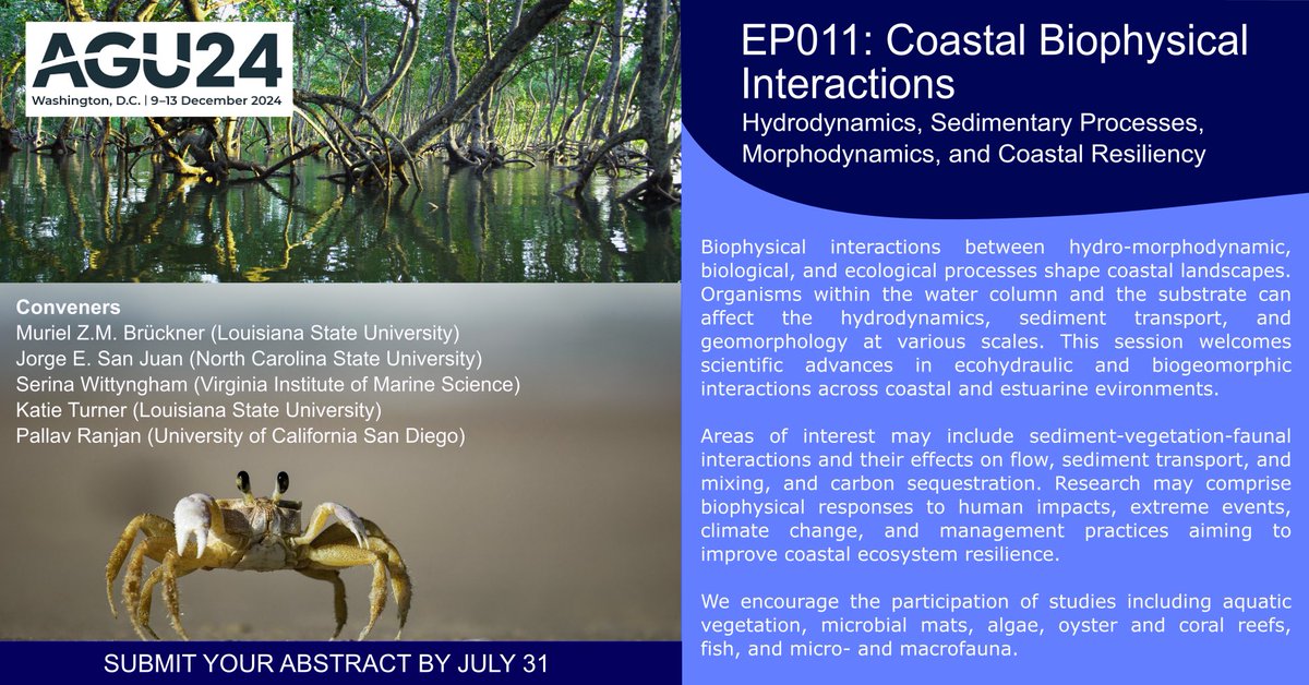 Muriel Brückner (@mbru42) on Twitter photo Really excited that once again we will have our session on biophysical interactions at @AGU24 thanks to my awesome co-conveners @jorgeesanjuan <a href="/Salty_Serina/">Serina Wittyngham, PhD</a> @estuarinehydro <a href="/pallavr6/">Pallav Ranjan</a> !! Submit your abstracts by July 31 to celebrate our 3-year anniversary! Really excited that once again we will have our session on biophysical interactions at @AGU24 thanks to my awesome co-conveners @jorgeesanjuan <a href="/Salty_Serina/">Serina Wittyngham, PhD</a> @estuarinehydro <a href="/pallavr6/">Pallav Ranjan</a> !! Submit your abstracts by July 31 to celebrate our 3-year anniversary!