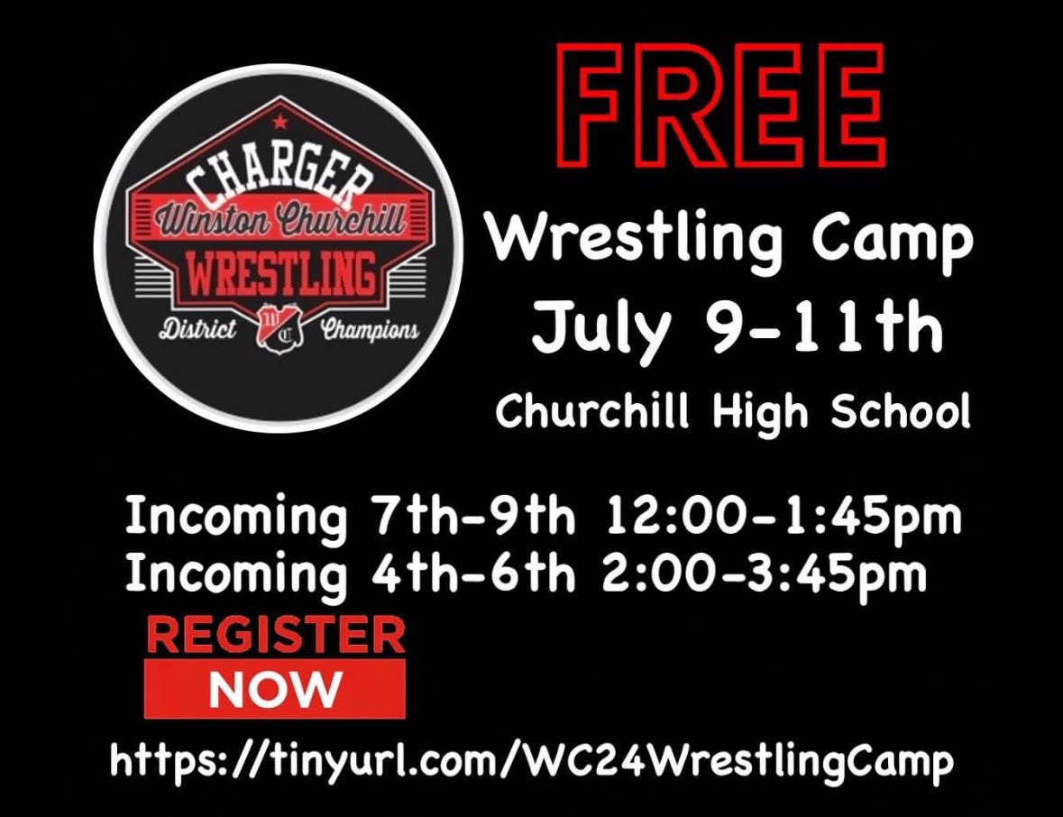 Churchill Cluster students incoming 4-9th, are you registered for the FREE Wrestling Camp??
Next week!