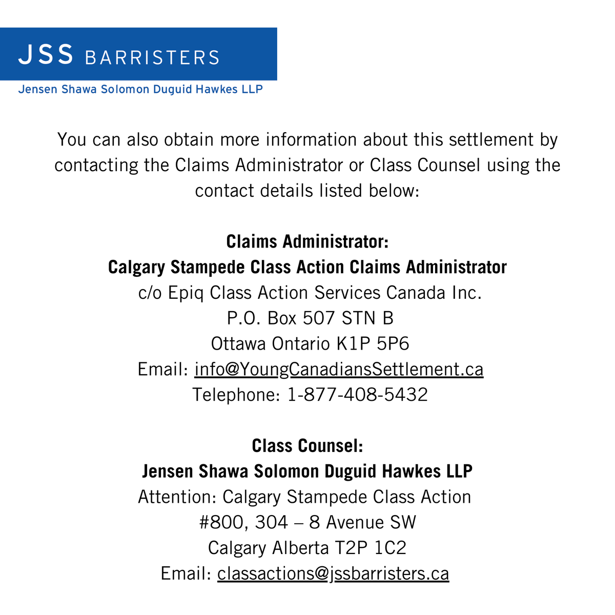 JSSBarristers's tweet photo. SHORT-FORM NOTICE OF SETTLEMENT APPROVAL FOR CALGARY STAMPEDE CLASS ACTION

More information here:

https://t.co/Yrbg4Lm2cY

https://t.co/B7fveUDklk https://t.co/RYLaeiUpI3