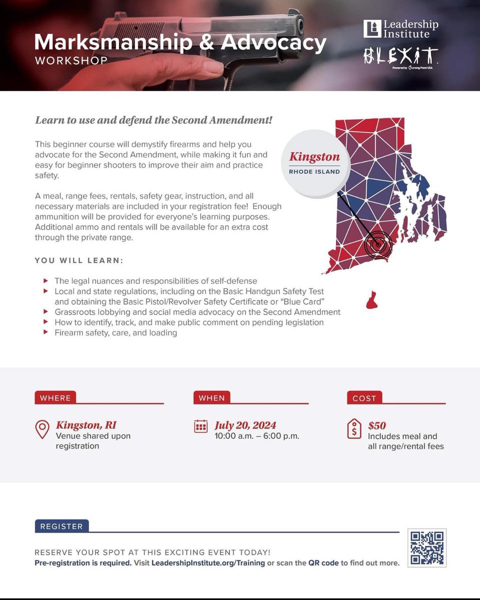 Shawn4Boston's tweet image. Leadershipinstitute.org hosting an 2A course in Kingston, RI 
July 20th 2024 10am to 6pm.  59 fee covers range, meals &amp;amp; fees
#RIBlexit #MABlexit @BLEXIT #2ndAmendmentRight