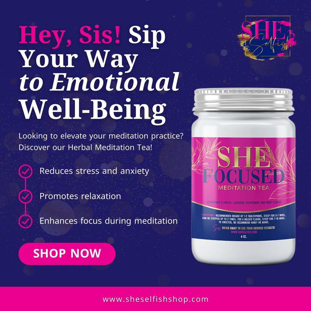 Hey, Sis! 🌸 Sip into serenity with She Focused Herbal Meditation Tea. Elevate your meditation, manage your emotions, and nurture your heart with every cup. 🌿

#selfcareisntselfish #selfcareeveryday #selfcareissexy #selflove #loveyourself #mentalhealth #mindfulness #positivevibe