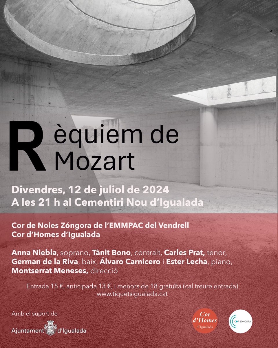 El proper 12 de juliol, divendres, presentarem el Rèquiem de Mozart arranjat per a piano a quatre mans. Serem el Cor d’Homes d’Igualada i el Cor Zóngora del Vendrell dirigits per Montserrat Meneses. Ens agradaria molt que ens acompanyessiu!
Tickets a tiquetsigualada.cat
