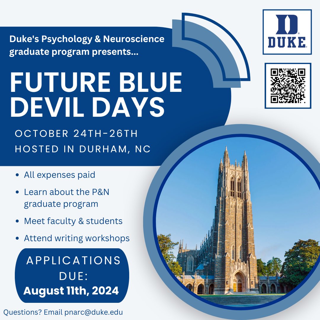Calling prospective Duke Psych &amp; Neuro PhD students! Duke Psych &amp; Neuro Future Blue Devil Days is an expenses-paid, in-person opportunity for prospective PhD students to learn more about Duke through seminars, workshops, and conversations with graduate students and faculty (🧵)