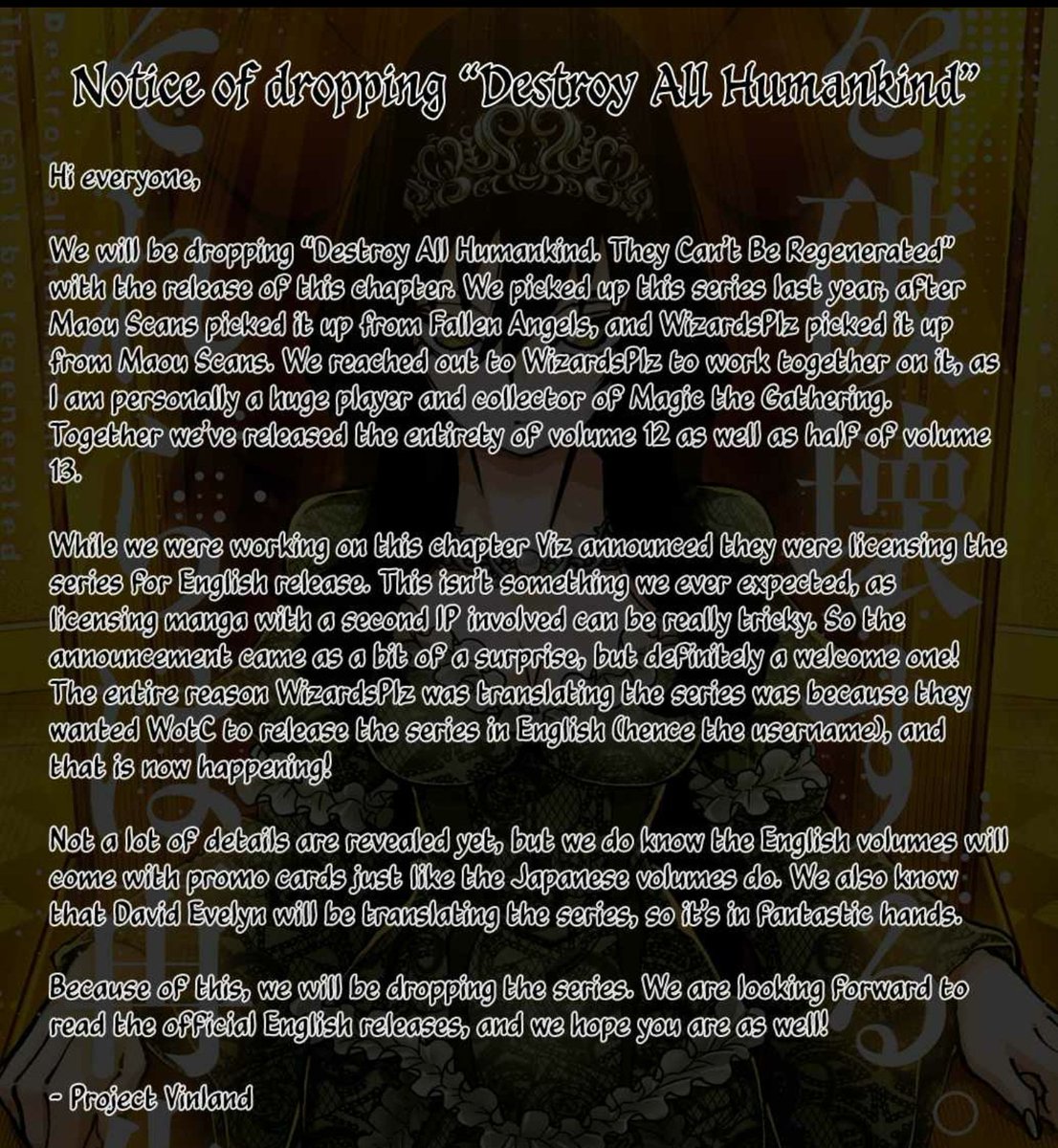 !!!! Many of you know my love for the MTG manga "Destroy All Humankind. They Can't Be Regenerated." 

WotC finally picking it up officially for an English adaptation!! (Big thank you for everyone that translated up until now! The real MVPs🧡)