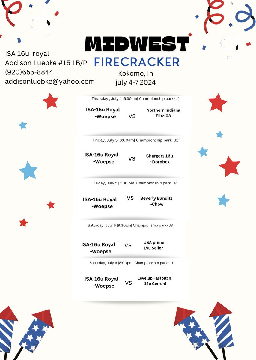 Addison Luebke (@addisonluebke) on Twitter photo I can’t wait to get after it at the Midwest Firecracker tournament in Kokomo, IN this weekend. All of our pool play games will be played at Championship Park. Below is my schedule!
<a href="/tdraves/">Tony Draves</a> <a href="/coachjenna/">JennaMarieLouise</a> <a href="/ISA_Softball/">ISA Softball</a> <a href="/BriePasquale/">Brie Pasquale</a> <a href="/tgussert/">Tanner Gussert</a> I can’t wait to get after it at the Midwest Firecracker tournament in Kokomo, IN this weekend. All of our pool play games will be played at Championship Park. Below is my schedule!
<a href="/tdraves/">Tony Draves</a> <a href="/coachjenna/">JennaMarieLouise</a> <a href="/ISA_Softball/">ISA Softball</a> <a href="/BriePasquale/">Brie Pasquale</a> <a href="/tgussert/">Tanner Gussert</a>