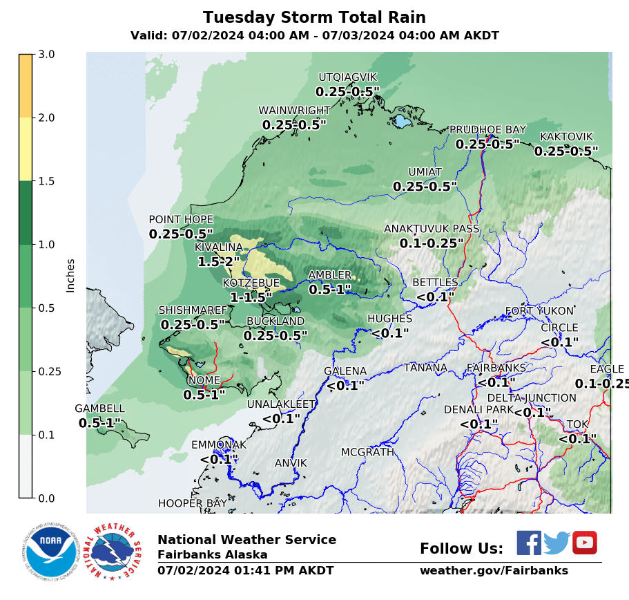 NWSFairbanks's tweet photo. Rain stretching from the North Slope near Barrow down to Nome will move Southeast through this evening and Wednesday. Southwest winds and cooler temps will accompany it.
Then, another round of precipitation from the Bering Sea covers the West Coast and Interior Thursday. #akwx https://t.co/Cf664wIruv