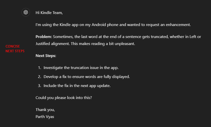 TheParthVyas's tweet photo. Then, I asked to add a section to this email with concise next steps!

Look how nice the response is!

I'm loving @ChatGPTapp 🩷 https://t.co/sMfntpGUk2