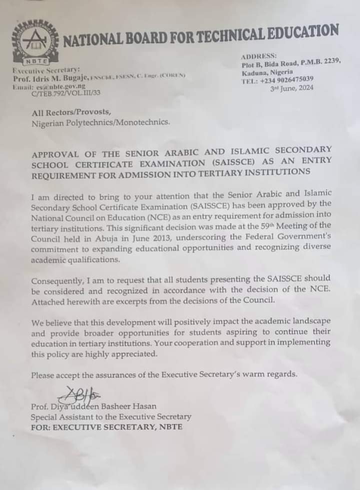 nbaisNG's tweet photo. In a significant stride towards enhancing educational standards and fostering broader academic inclusivity, NBAIS, BUK, CHPRBN, and NBTE have officially endorsed  SAISCE as a recognized and valid qualification for admission into all Nigerian tertiary institutions. https://t.co/9I0fKXSPy8