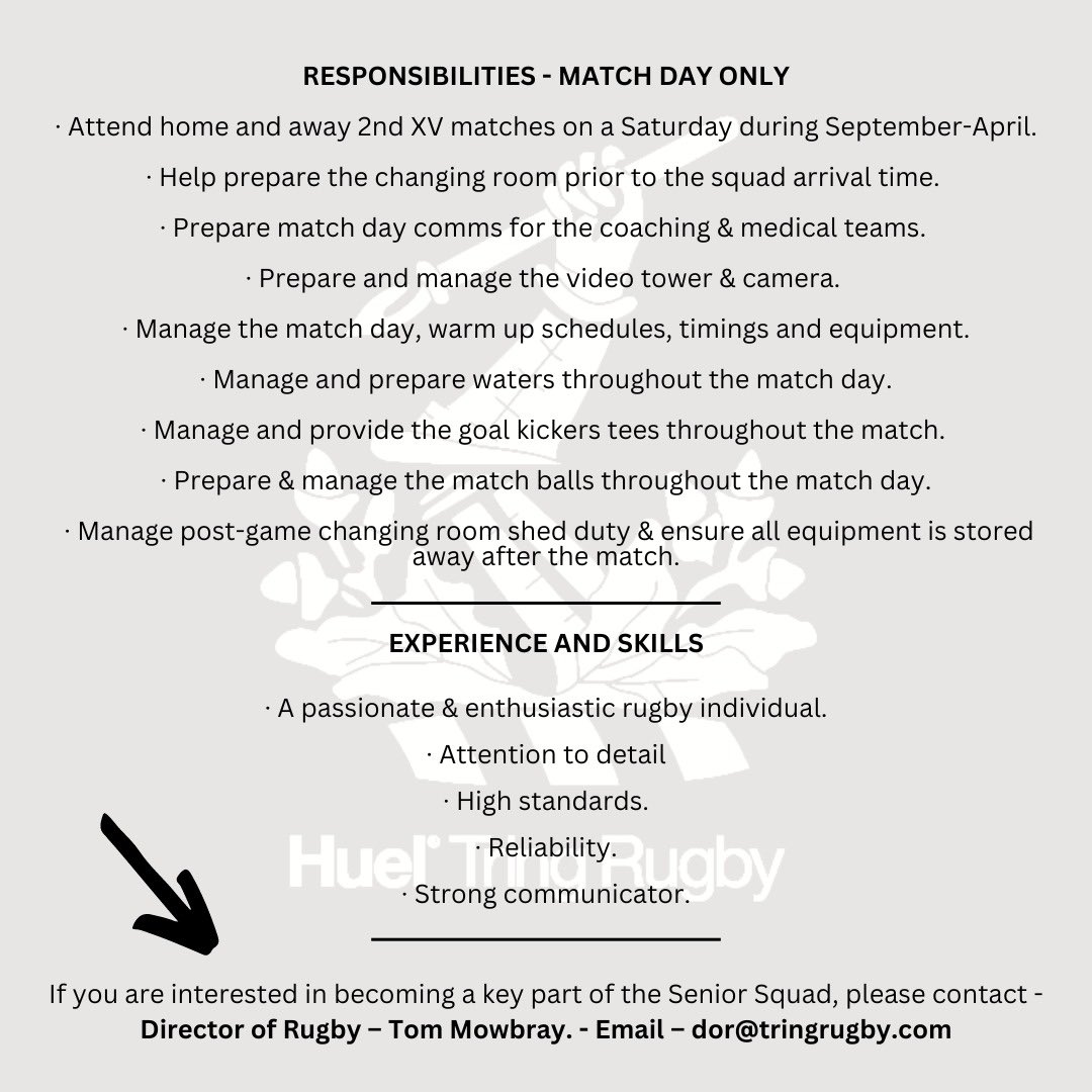 Huel Tring Rugby (@tringrugby) on Twitter photo WE ARE RECRUITING - 2nd XV TEAM MANAGER
We are recruiting a 2nd XV Team Manager!
This is a key position in the senior squad management team.
If you are interested in this role, please get in touch with our Director of Rugby, Tom Mowbray - dor@tringrugby.com WE ARE RECRUITING - 2nd XV TEAM MANAGER
We are recruiting a 2nd XV Team Manager!
This is a key position in the senior squad management team.
If you are interested in this role, please get in touch with our Director of Rugby, Tom Mowbray - dor@tringrugby.com