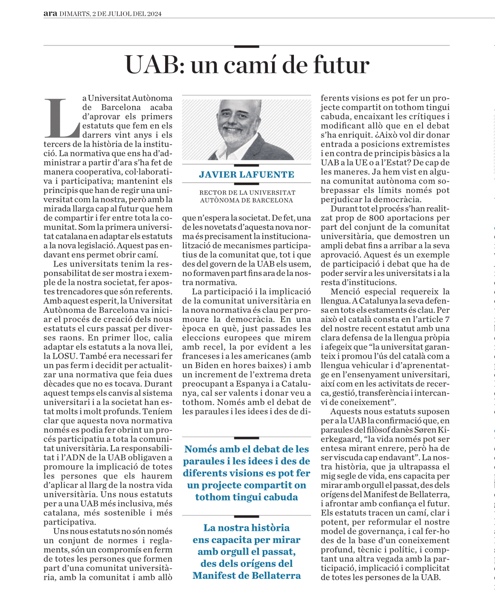 UABBarcelona's tweet photo. El #rectorUAB, Javier Lafuente, escriu sobre els nous Estatuts de la #UAB al @diariARA: “Només amb el debat de les paraules i les idees i des de diferents visions es pot fer un projecte compartit on tothom tingui cabuda”. 

➡ https://t.co/KGkSNsqxGU

#UABAlsMitjans https://t.co/ms5Jz2ZxVS