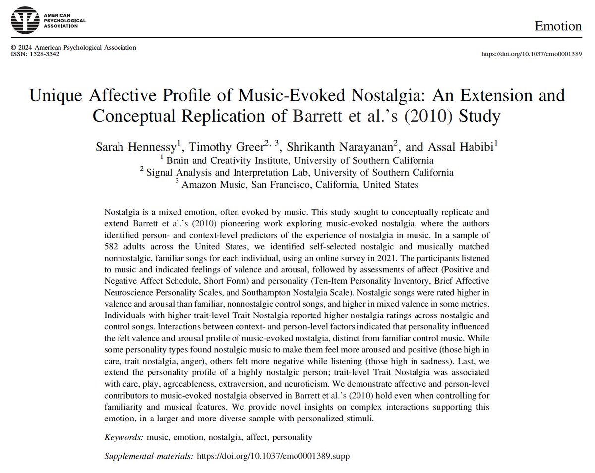 New paper out in Emotion, with @assalhabibi, Shrikanth Narayanan and Timothy Greer! We replicate and extend previous findings to show that music-evoked nostalgia is a primarily positive, but still mixed, feeling that is influenced by personality.

psycnet-apa-org.libproxy2.usc.edu/record/2024-97…