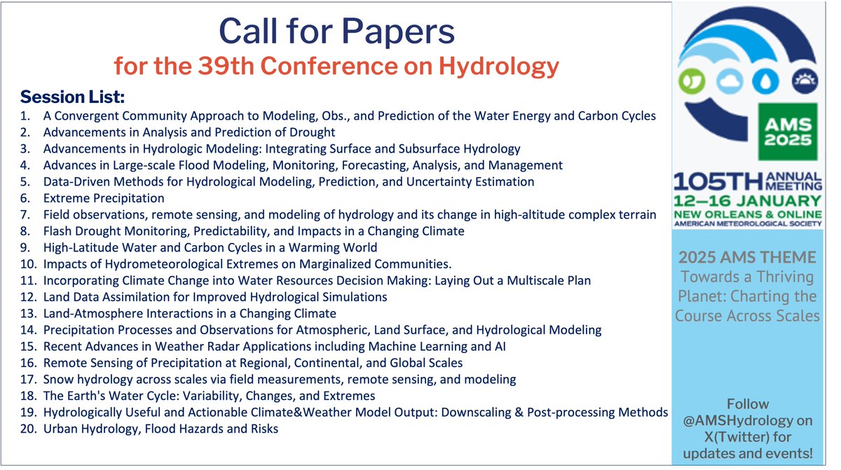 The 39th Conference on Hydrology will take place  January 12-16, 2025, in New Orleans, Louisiana. Abstracts can now be submitted for a diverse range of topics, and we will also co-host sessions with other symposiums and conferences. For details, see: tinyurl.com/5n88rwms