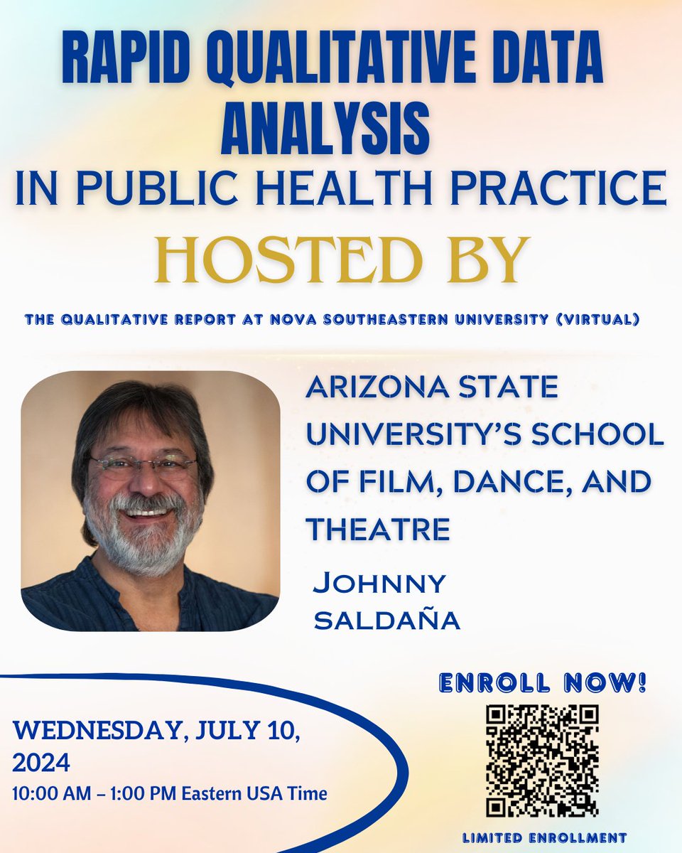 TheQualReport's tweet image. The Qualitative Report Workshop Series (Virtual) Johnny Saldaña – Rapid Qualitative Data Analysis in Public Health Practice (July 10, 2024)  

tqr.nova.edu/johnny-saldana…… 

#tqr #research #qualitative #qualitativeresearch #thequalreport