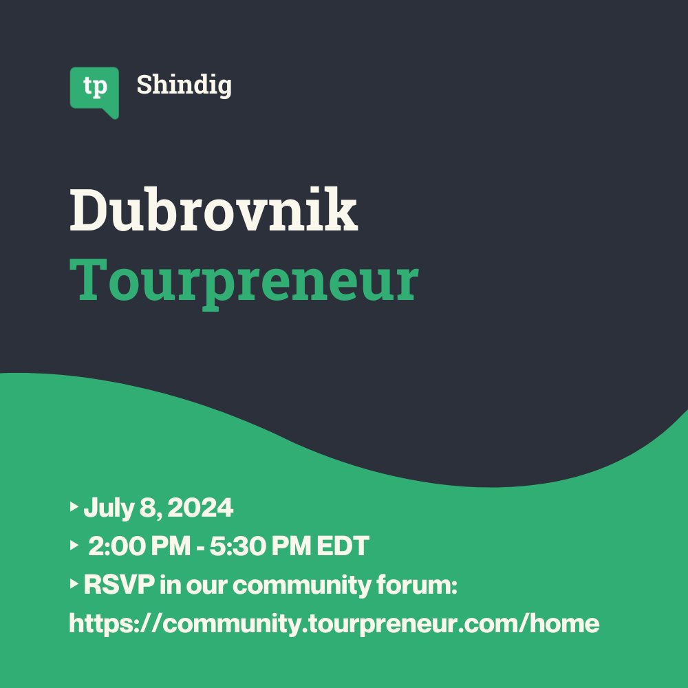 Dubrovnik Tourpreneur Shindig- Community Meetup
(hosted by Chris Torres &amp; Luksa Malohodzic)

Free &amp; open to any Travel &amp; Tourism professionals!

RSVP in our community forum: community.tourpreneur.com/home

#touroperator #toursandactivities #tourismindustry #tourismevents